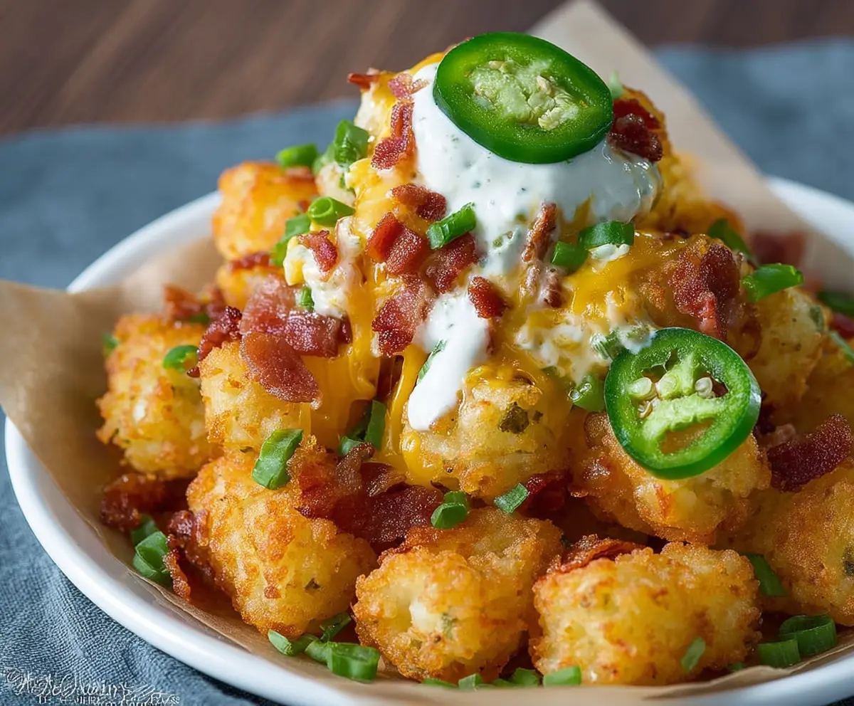 Delicious jalapeno popper tater tots topped with melted cheese and crispy bacon slices.
