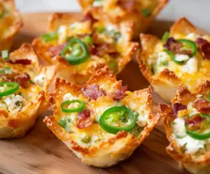 Crispy jalapeño popper wonton cups filled with cheesy, spicy jalapeño-inspired filling