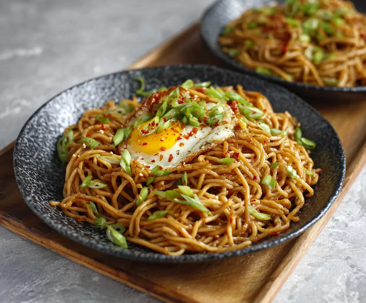 Delicious Japanese garlic fried noodles garnished with green onions on a plate.