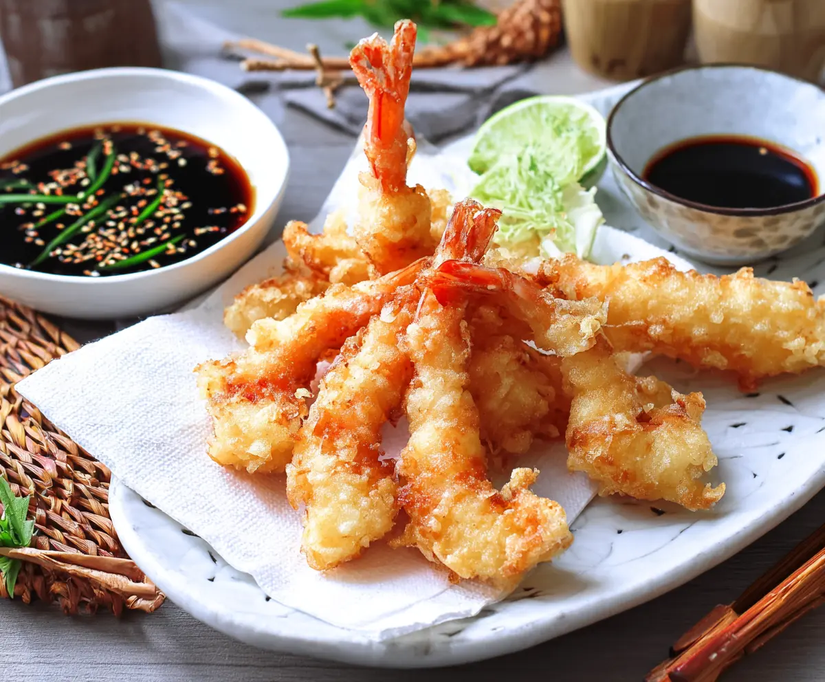 Crispy Japanese shrimp tempura served with dipping sauce on a white plate.