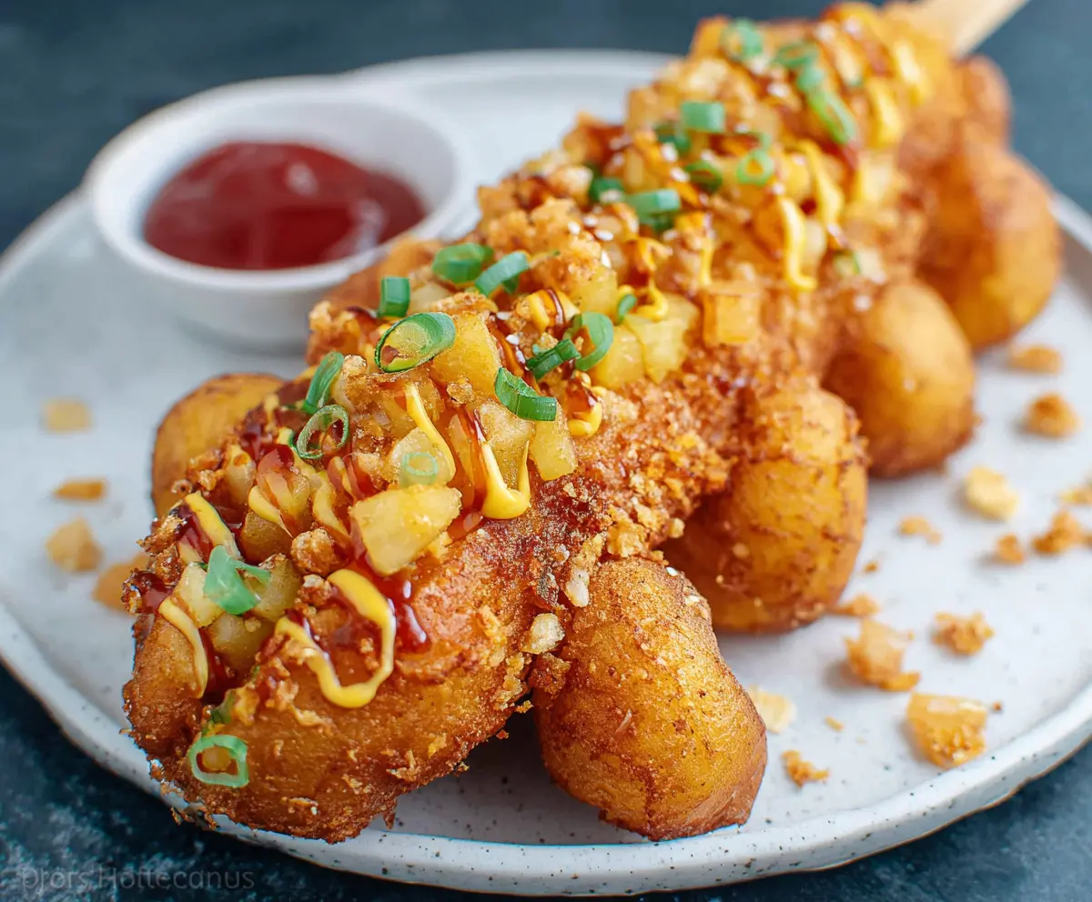 Delicious Korean Potato Hot Dog with crispy coating and melted cheese on a plate.