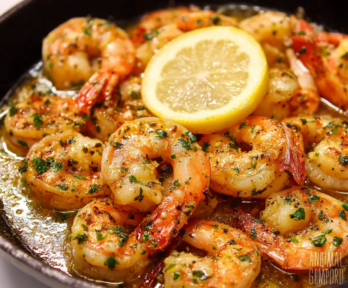 Juicy garlic butter shrimp with lemon slices served on a white plate