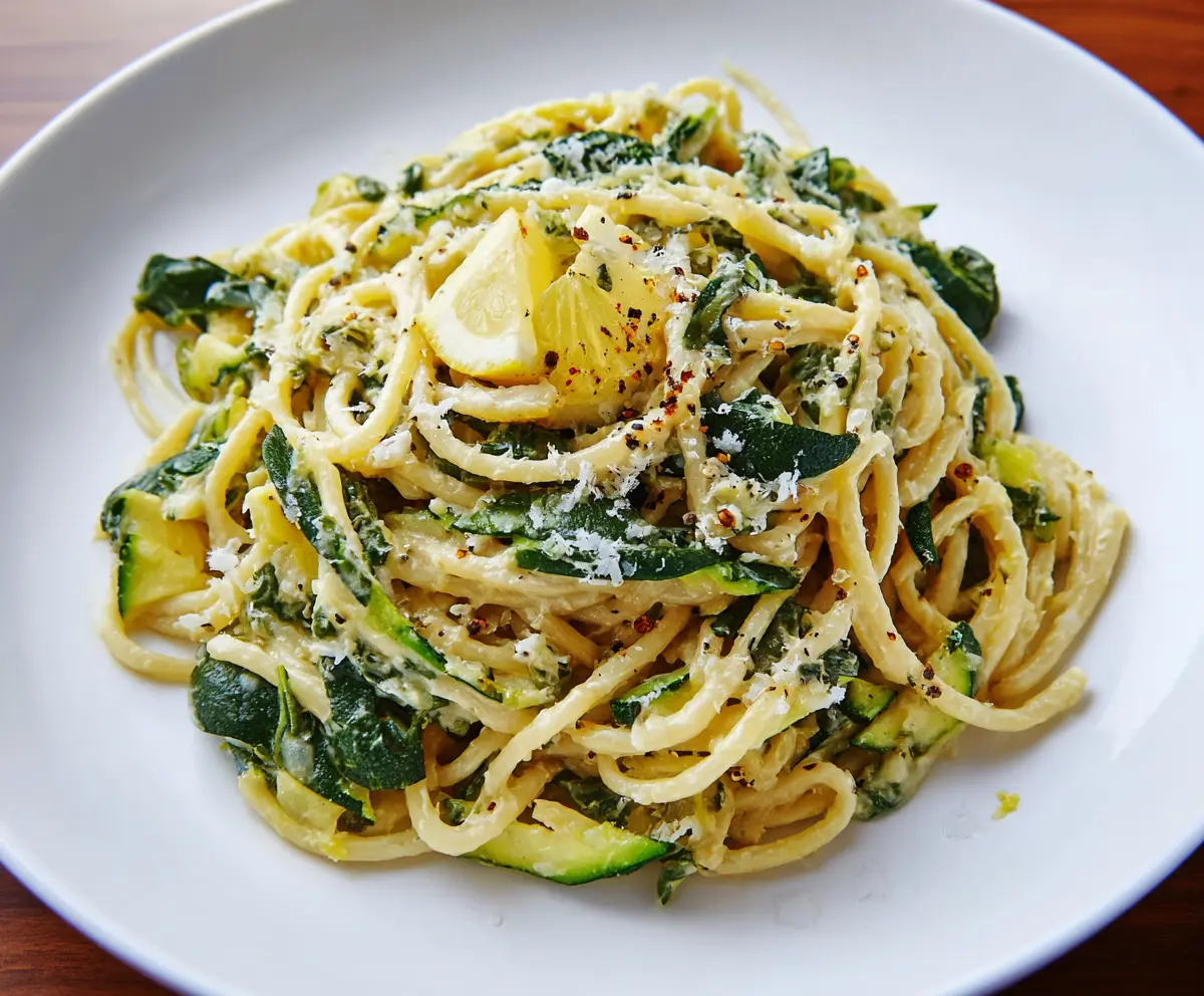 Fresh lemon zucchini pasta served on a white plate, garnished with herbs for a healthy vegetarian meal.