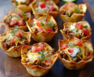 Mini taco cups filled with seasoned meat, cheese, and fresh vegetables in crispy shells, perfect for appetizers.