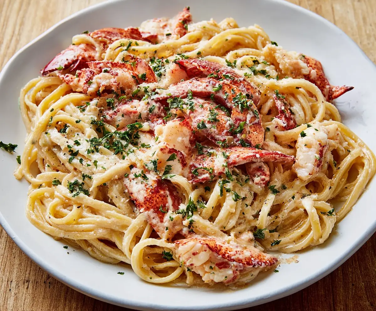 Delicious lobster pasta dish with fresh seafood and creamy sauce on a white plate
