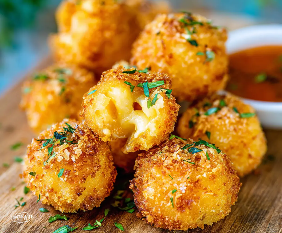 Crispy Mac and Cheese Bites on a plate, garnished with herbs, perfect for appetizers or snacks.