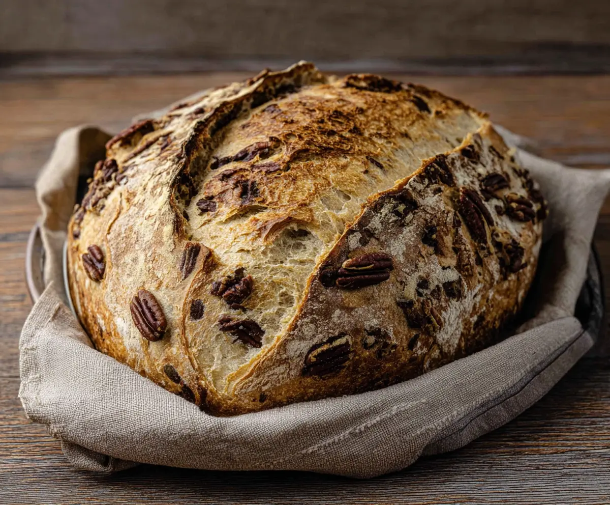 Delicious Maple Pecan Sourdough Bread fresh out of the oven, showcasing a golden crust and nutty pecan toppings.