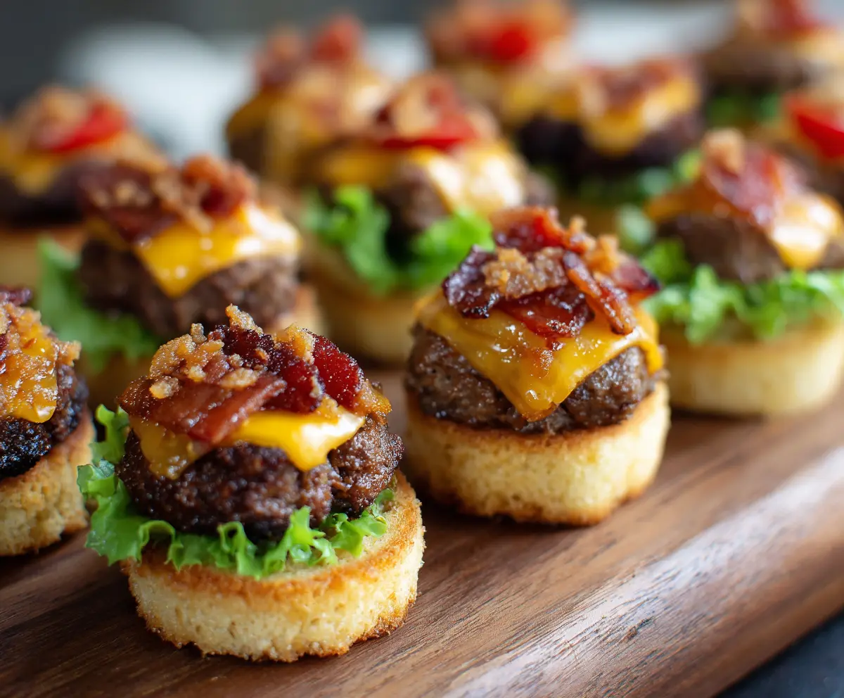 Mini bacon cheeseburger bites served on a platter, showcasing savory mini burgers with bacon and melted cheese.