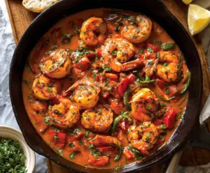 Delicious paprika shrimp skillet served in a rustic bowl with fresh herbs