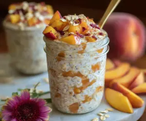 Creamy Peach Cobbler Overnight Oats topped with fresh peach slices and a sprinkle of cinnamon.