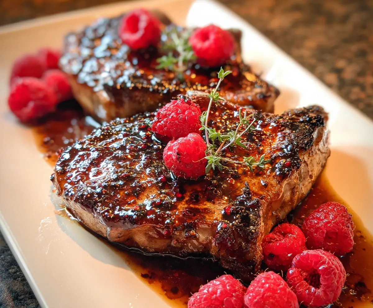 Juicy pork chops glazed with a vibrant raspberry sauce on a white plate.