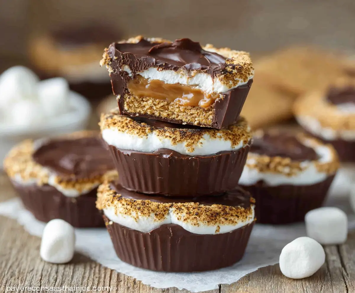 Delicious S'mores Peanut Butter Cups with graham cracker crust, melted marshmallow, and chocolate coating.