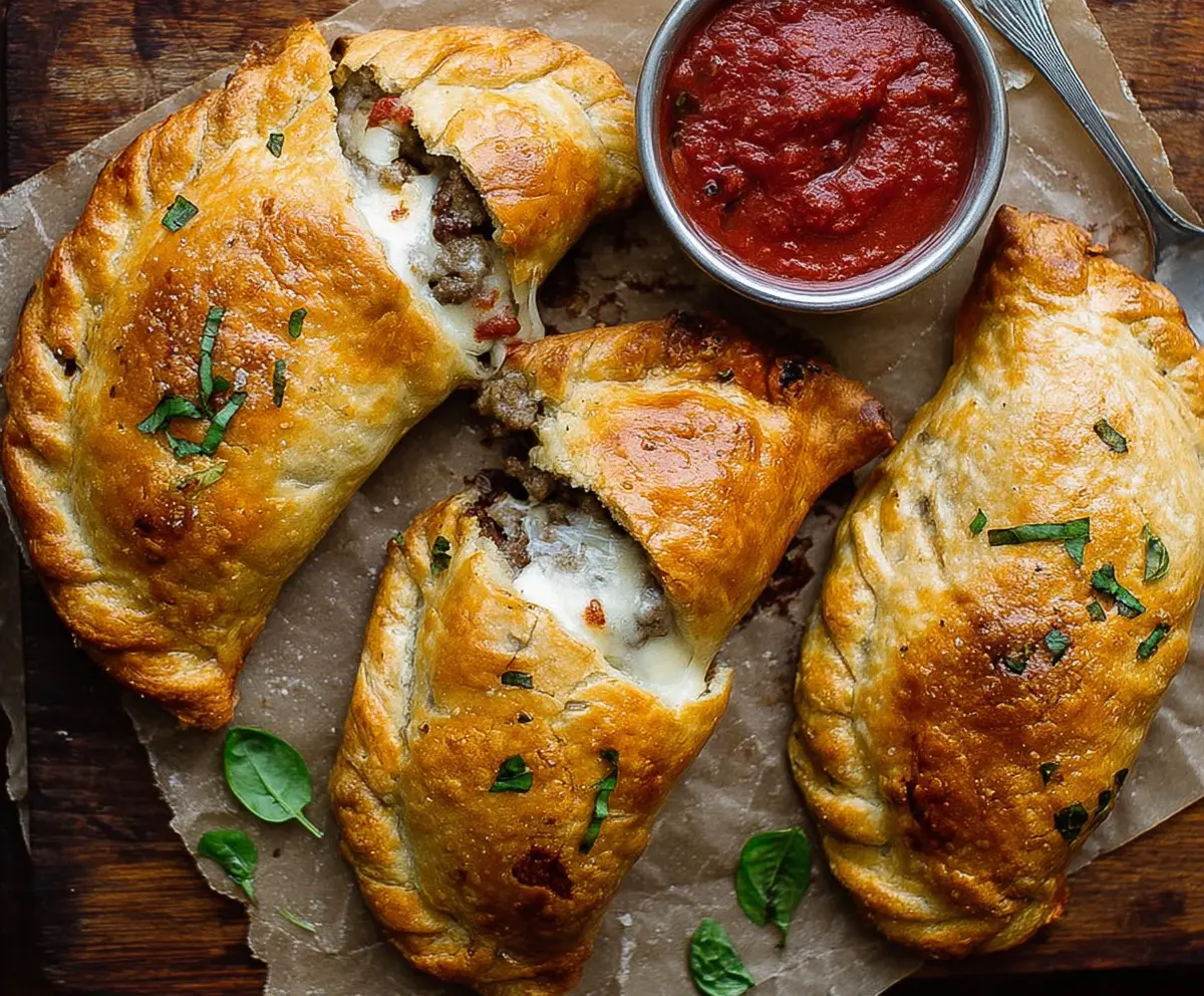Delicious sausage calzones with melted cheese and crispy crust on a baking tray.