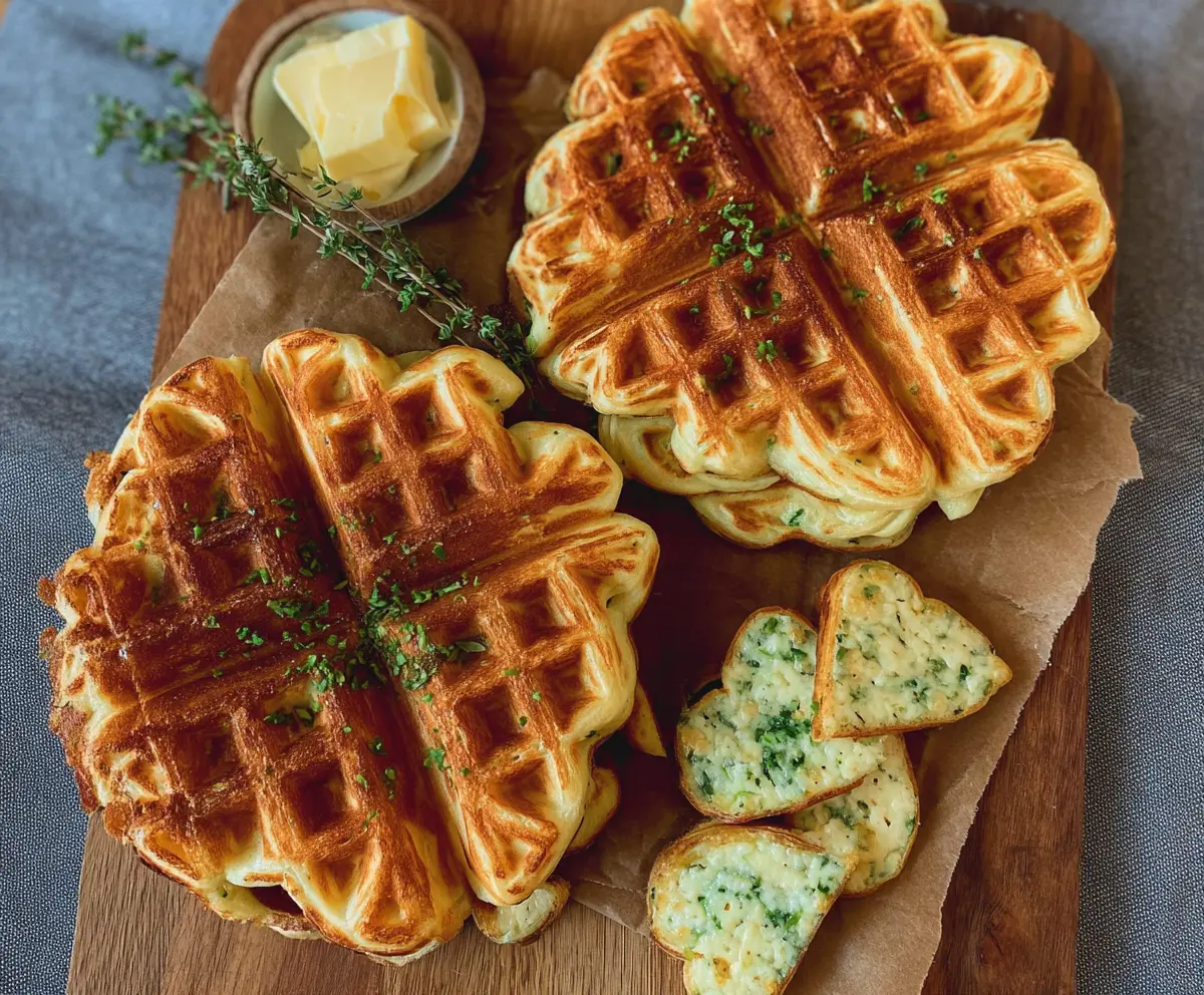 Delicious savory sourdough cheese waffles on a plate, perfect for breakfast or brunch.