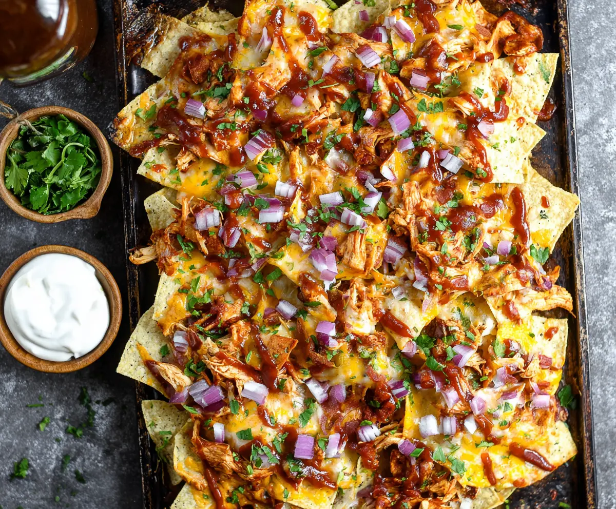 Delicious Sheet Pan BBQ Chicken Nachos topped with melted cheese and fresh herbs