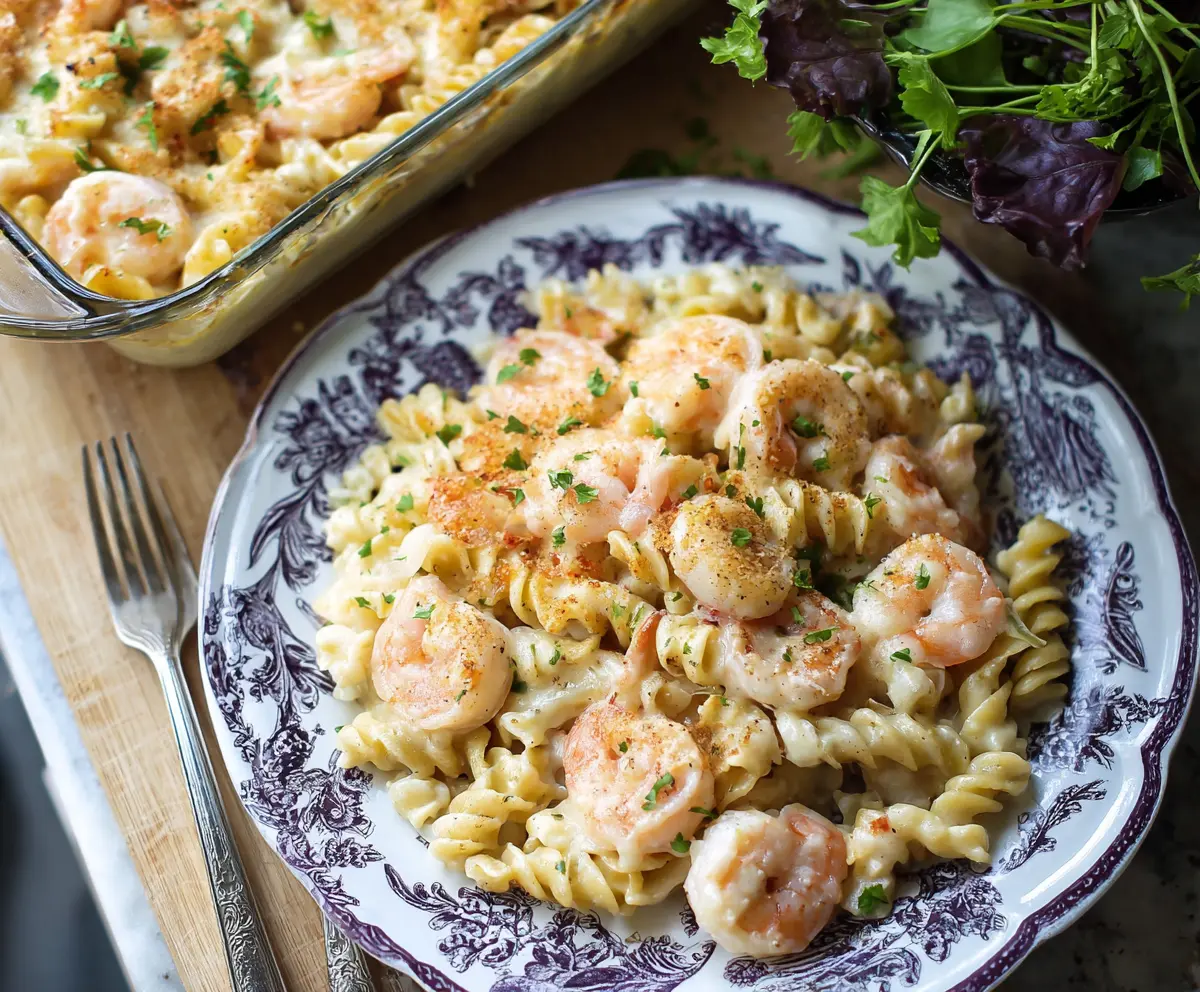 Delicious shrimp Alfredo pasta bake in a baking dish, garnished with herbs and grated cheese.