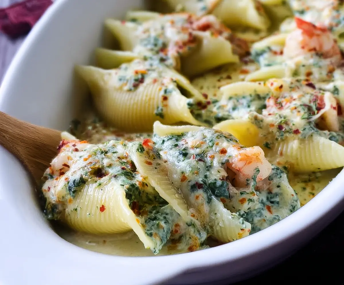 Delicious shrimp and spinach stuffed shells garnished with herbs on a white plate.