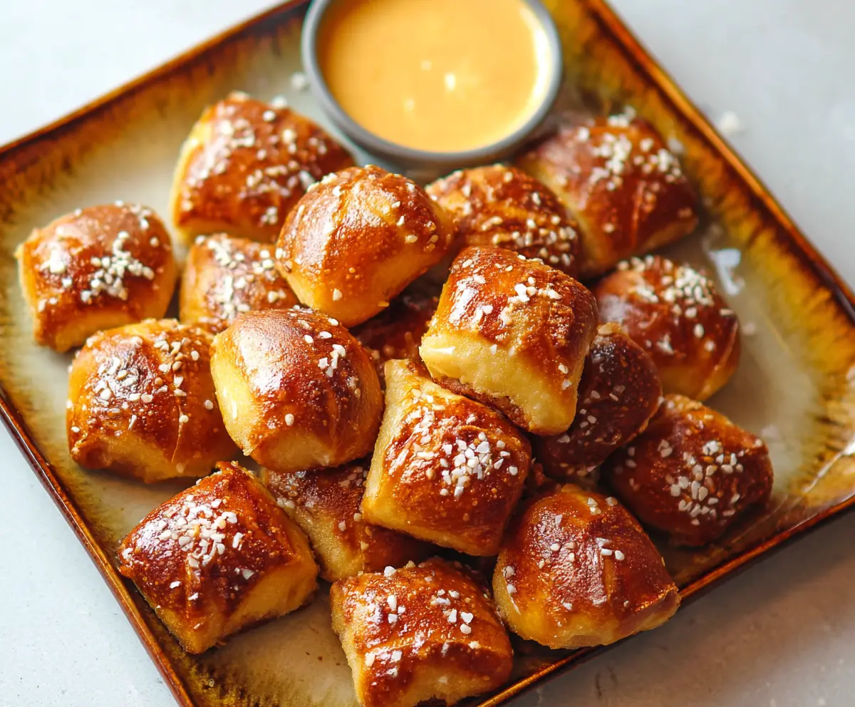 Golden soft pretzel bites sprinkled with coarse salt, perfect as a snack or appetizer.