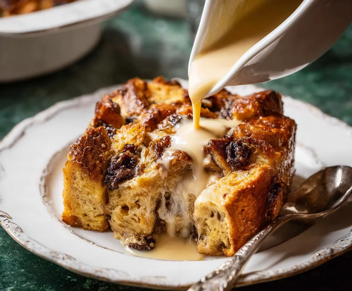 Delicious Sourdough Bread Pudding topped with caramel sauce and fresh berries.