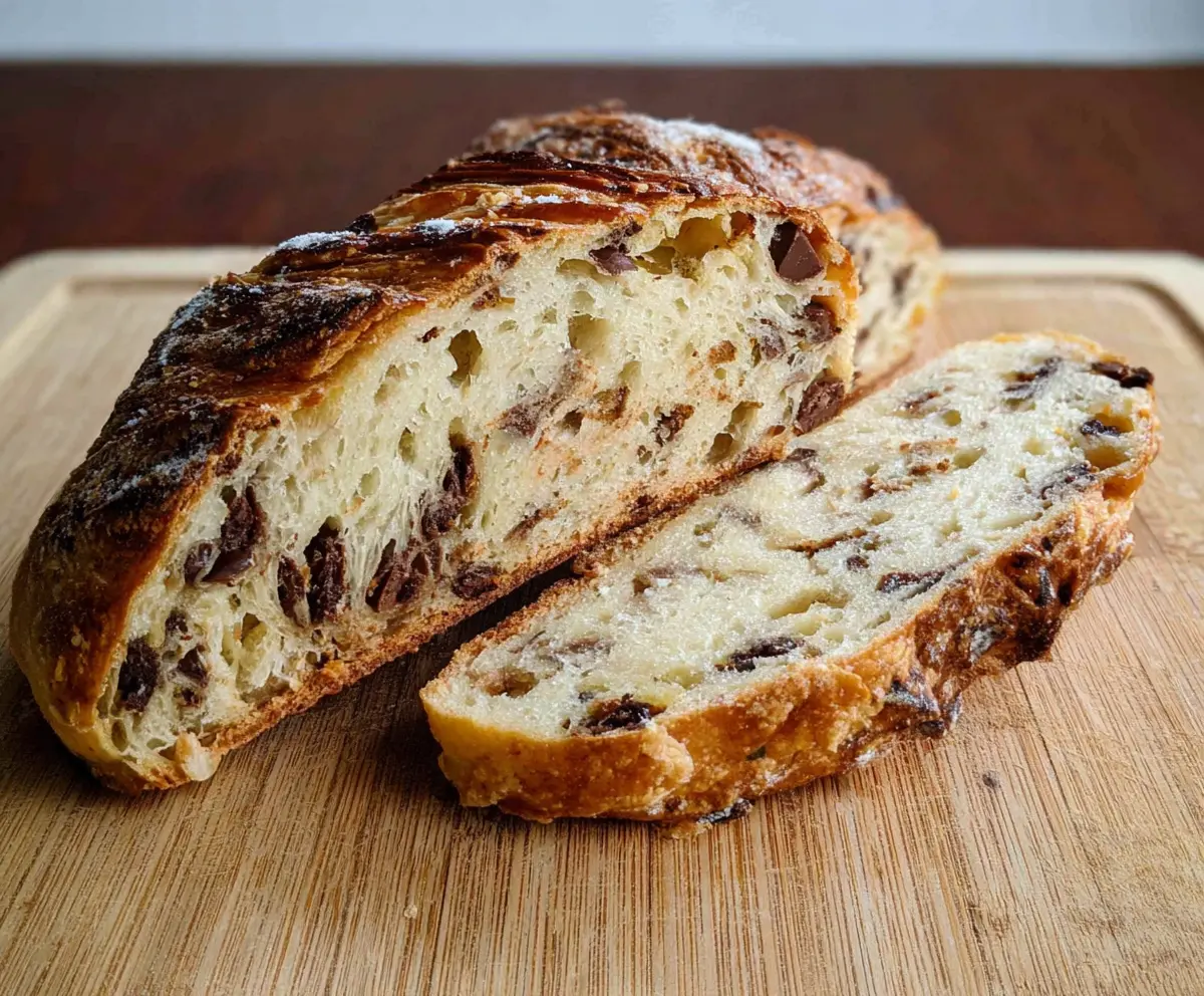 Delicious Sourdough Chocolate Chip Croissant Bread fresh out of the oven with melty chocolate chips.