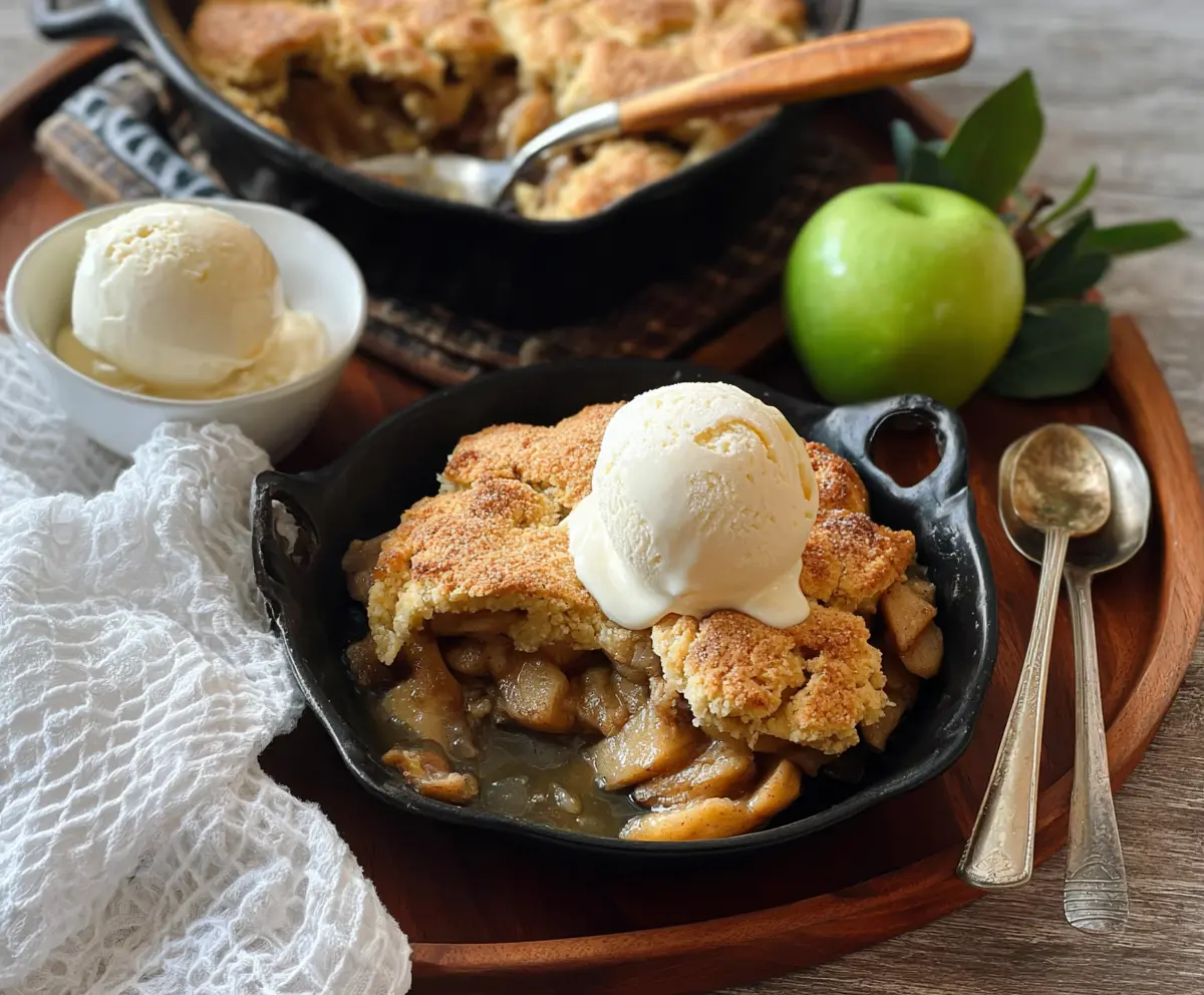 Delicious sourdough discard apple cobbler with golden crust and cinnamon-spiced apples.