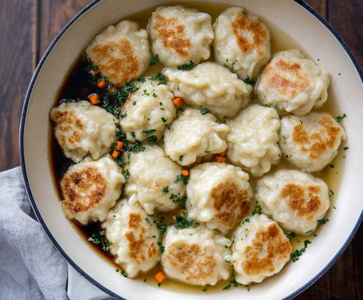 Delicious sourdough discard dumplings served with fresh herbs on a rustic plate