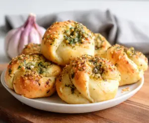 Delicious sourdough discard garlic knots on a white plate, garnished with herbs.