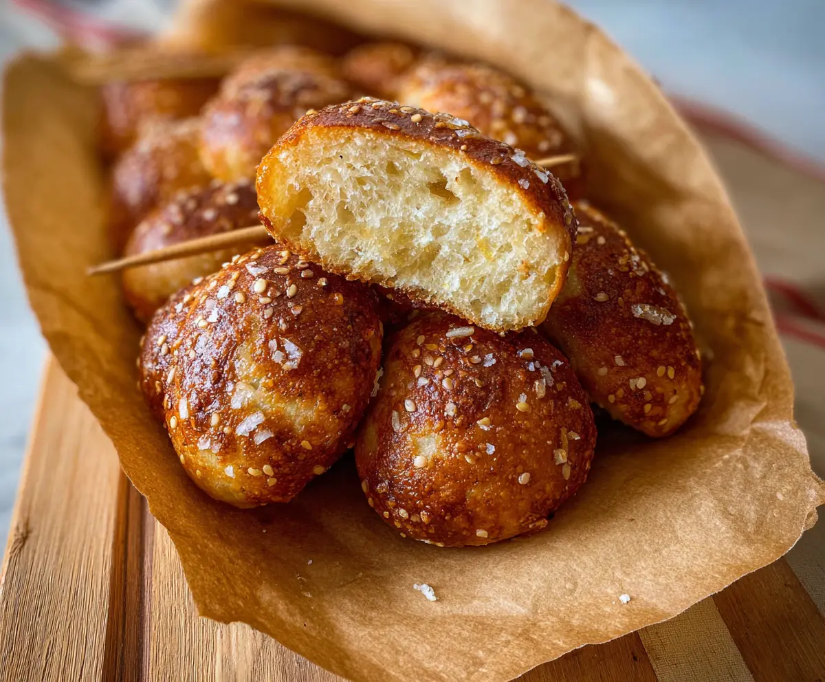 Golden brown sourdough discard pretzel bites on a rustic wooden surface, garnished with coarse salt.