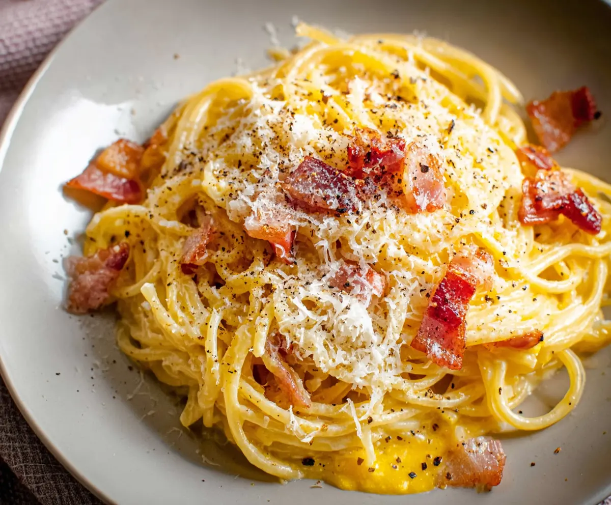 Creamy spaghetti alla carbonara with pancetta, grated cheese, and black pepper served on a white plate.