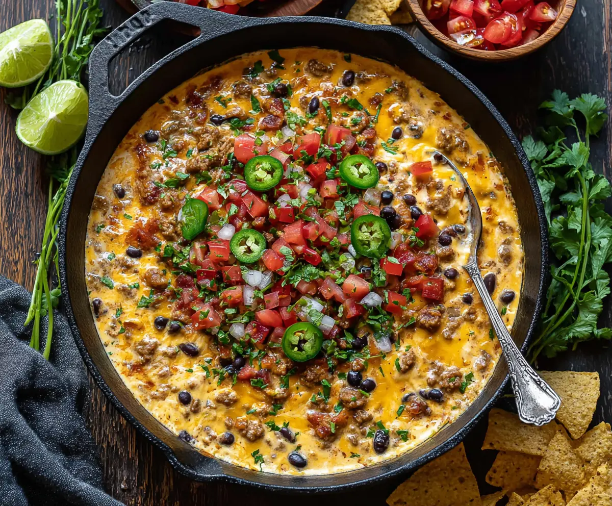 Creamy Cowboy Queso Dip served with tortilla chips, perfect for game day snacks.