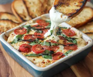 Creamy Tomato Mozzarella Caprese Dip served with fresh basil and crusty bread