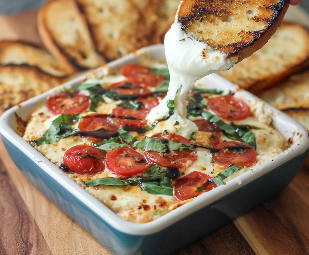 Creamy Tomato Mozzarella Caprese Dip served with fresh basil and crusty bread