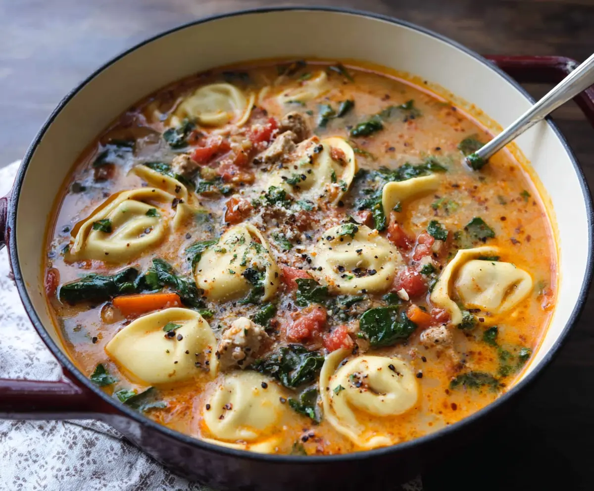 Delicious Tuscan Ravioli Soup with fresh herbs and vegetables in a bowl.