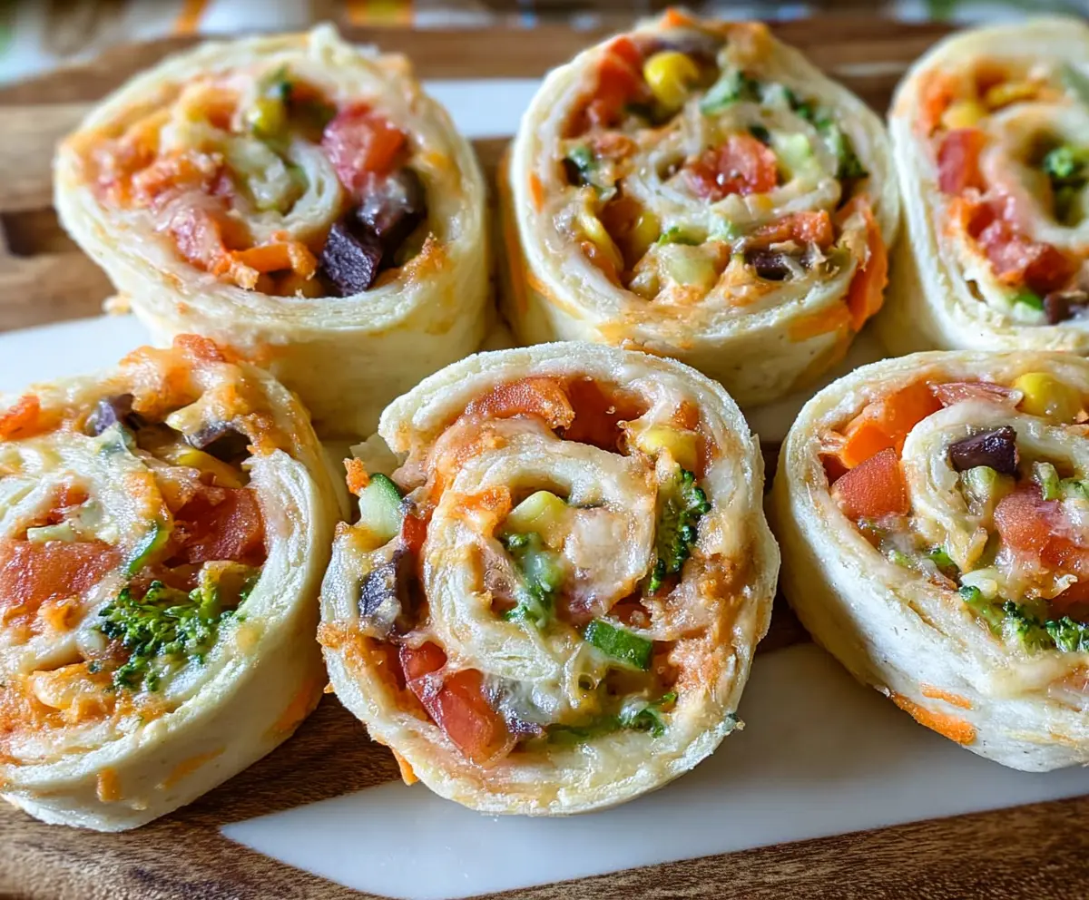 Delicious veggie pizza pinwheels with colorful vegetables and melted cheese on a baking tray