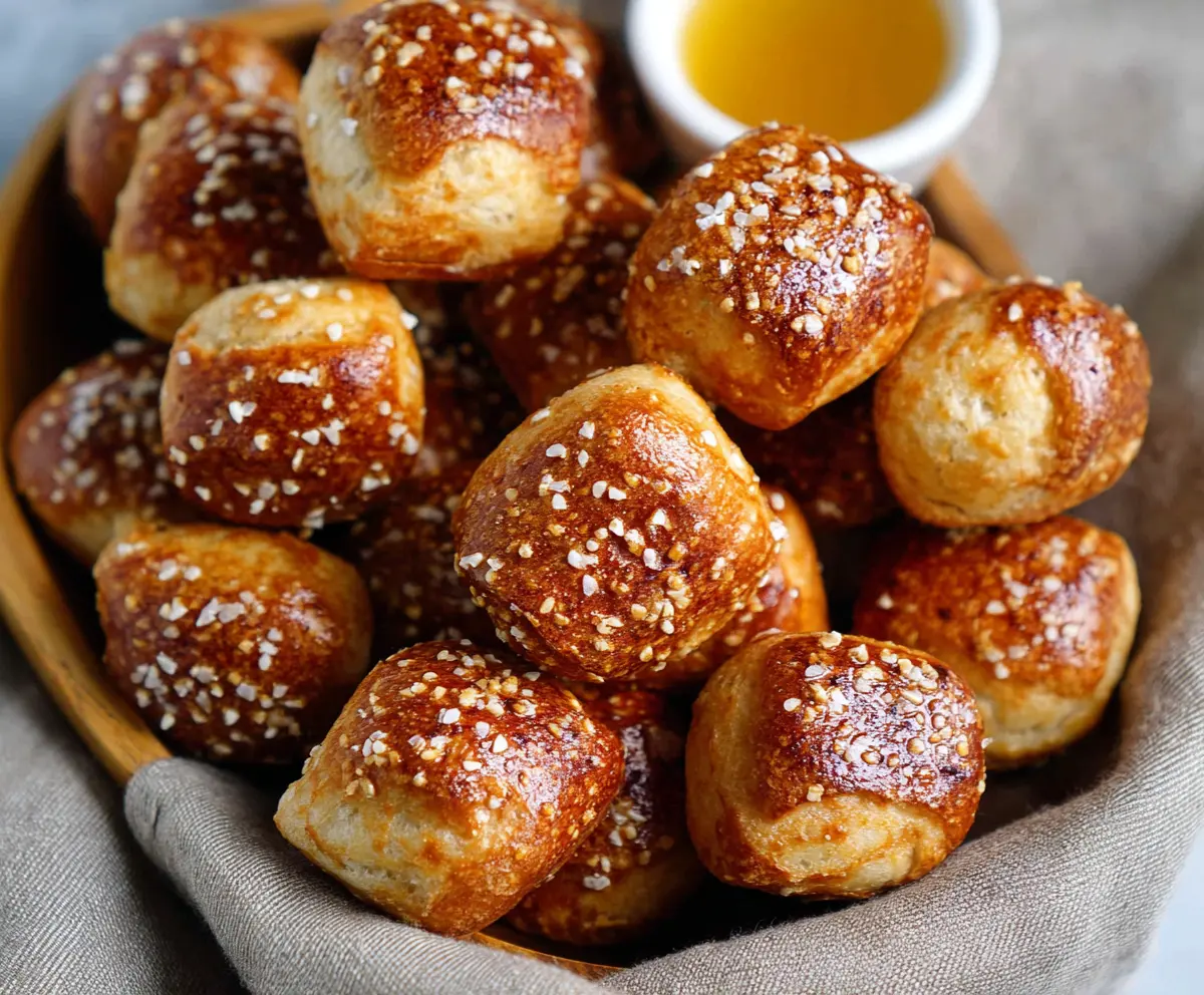 Golden brown yeast-free sourdough discard pretzel bites Served with mustard and cheese dips