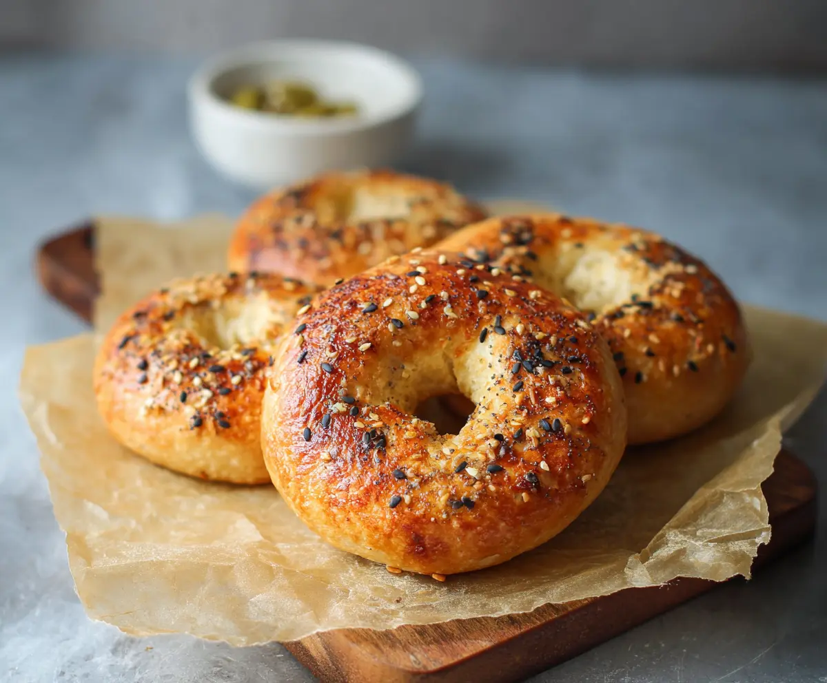 Delicious 3-ingredient Greek yogurt bagels on a wooden board ready to serve.