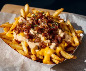 Delicious Animal Style Fries topped with cheese, gravy, and special sauce, served crispy and golden.