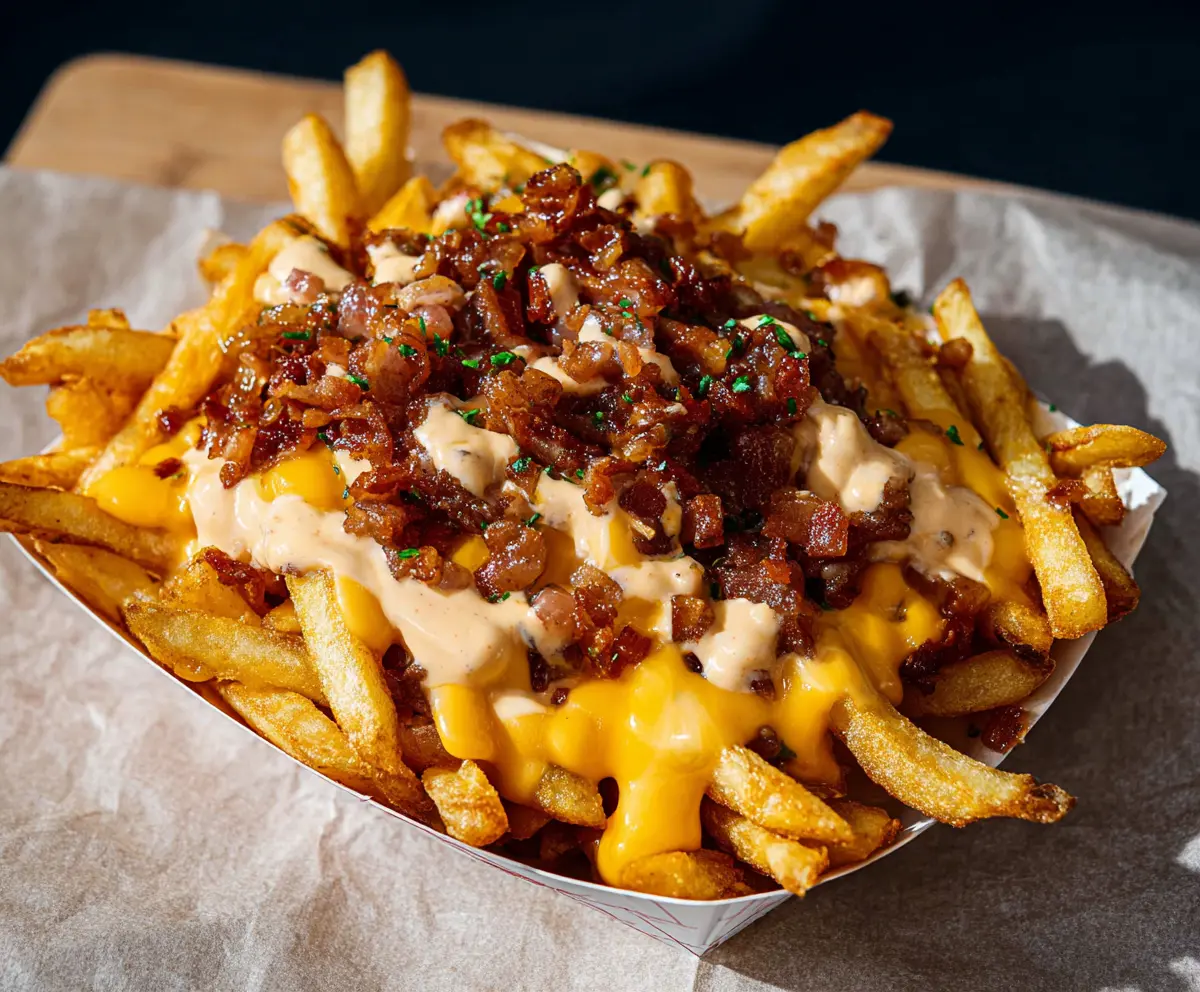 Delicious Animal Style Fries topped with cheese, gravy, and special sauce, served crispy and golden.