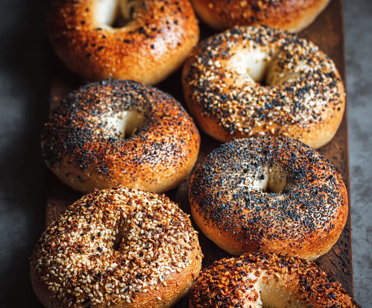 Close-up of freshly baked authentic New York-style bagels with a shiny, golden-brown crust.