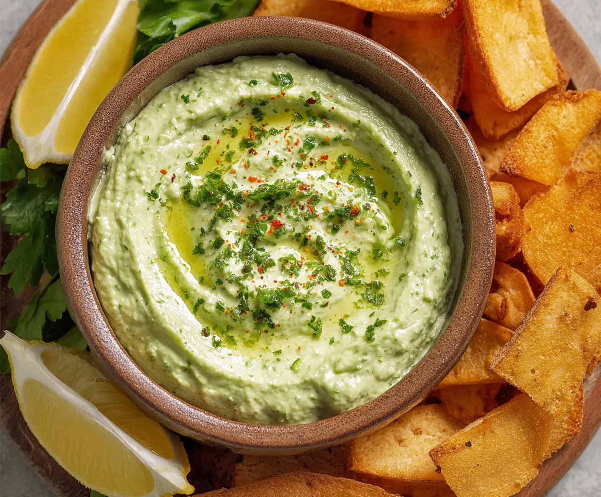 Creamy avocado dip garnished with herbs, perfect for snacks and parties.