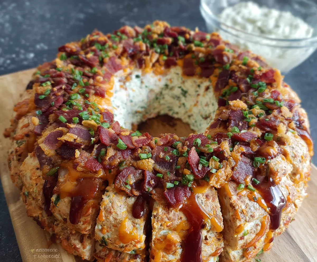 Delicious Bacon Cheese Ring Party Dip served on a platter, perfect for gatherings.