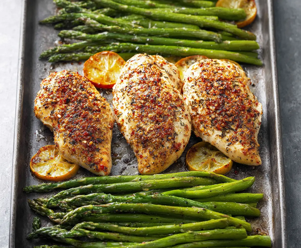Delicious baked chicken with fresh asparagus on a white plate, perfect for a healthy dinner.