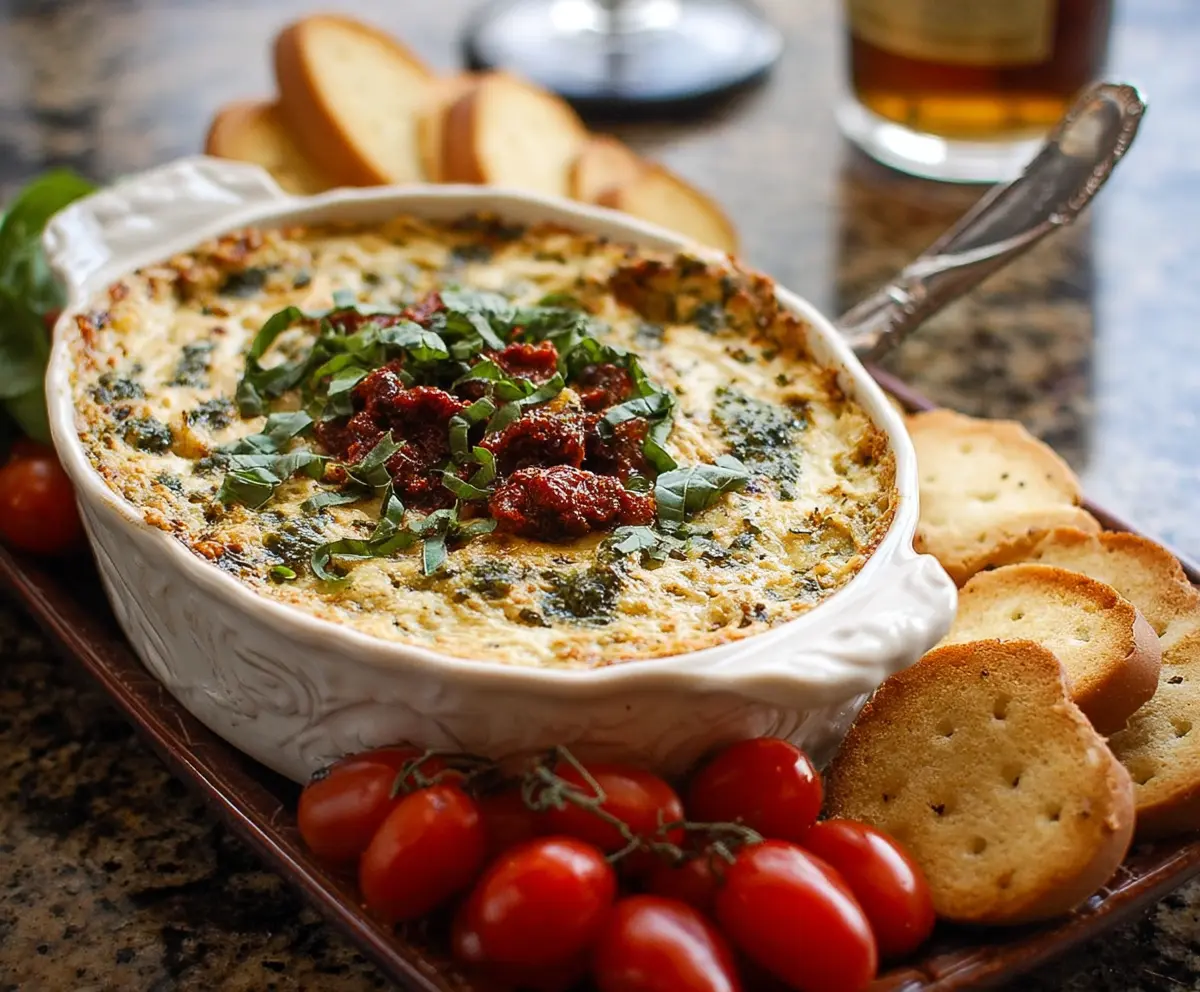 Delicious baked pesto and sun-dried tomato dip served with fresh crackers for a flavorful snack.