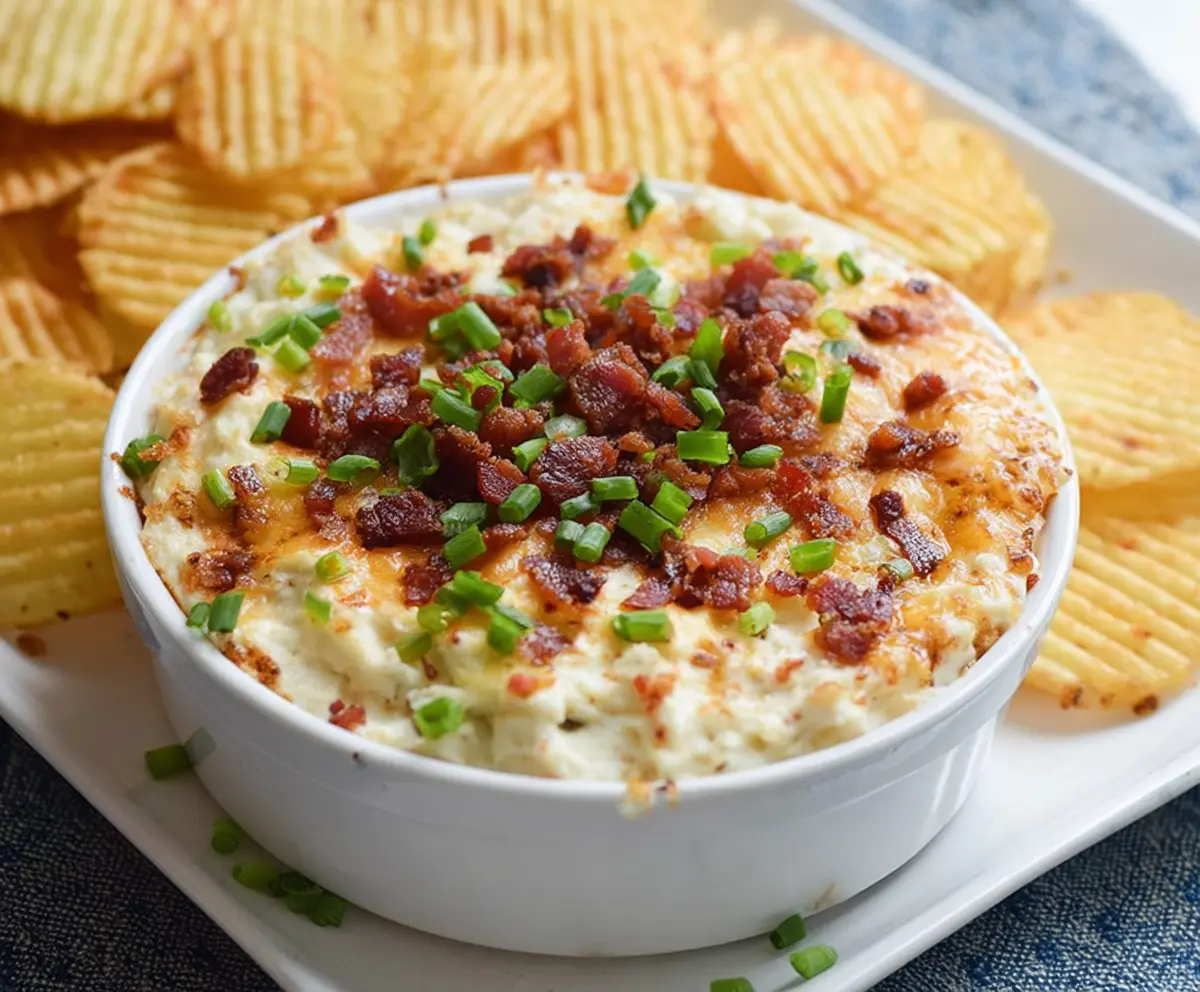 Creamy baked potato dip served in a bowl, perfect for snacking or parties.