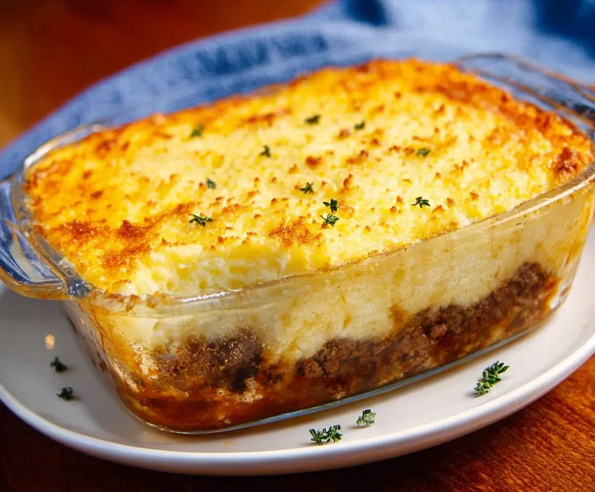 Golden baked Beef Shepherd's Pie with mashed potato topping and savory beef filling.