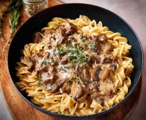Creamy Beef Stroganoff pasta served with tender beef strips and mushrooms in a rich sauce