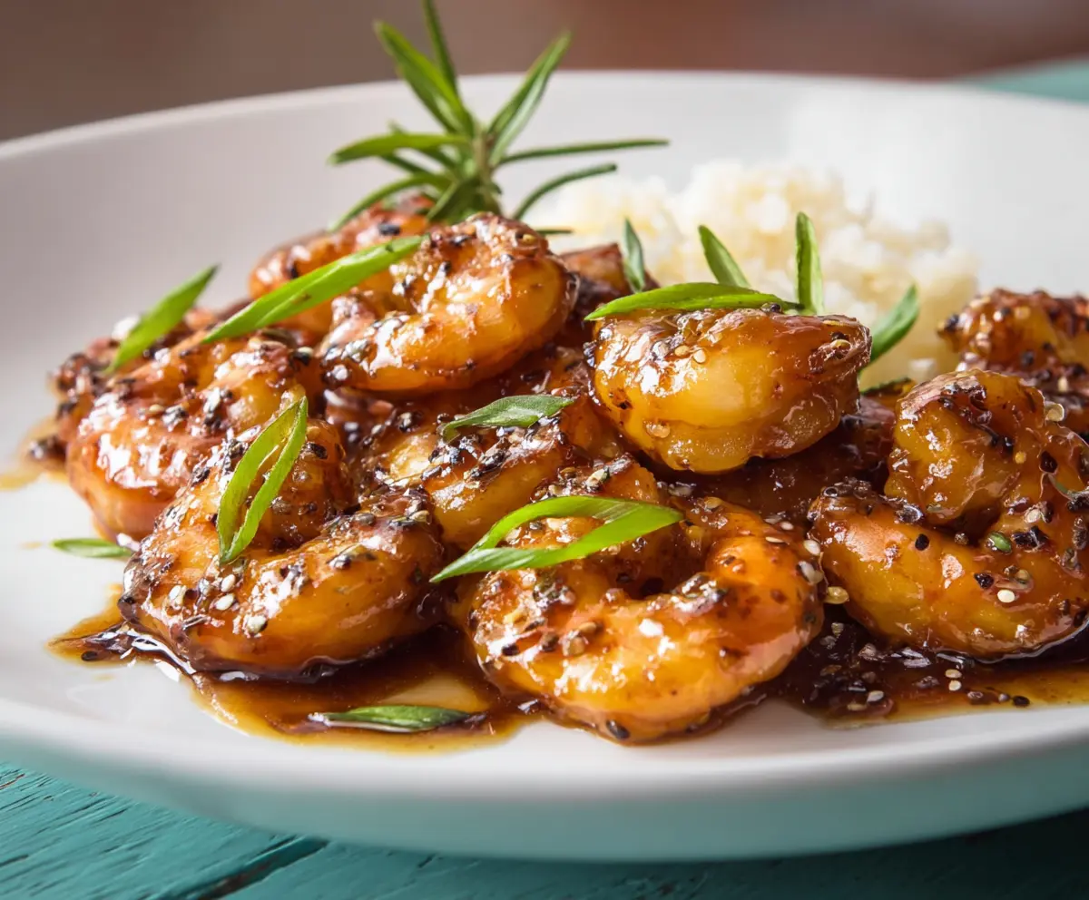 Delicious bourbon glazed shrimp served on a plate, garnished with herbs.