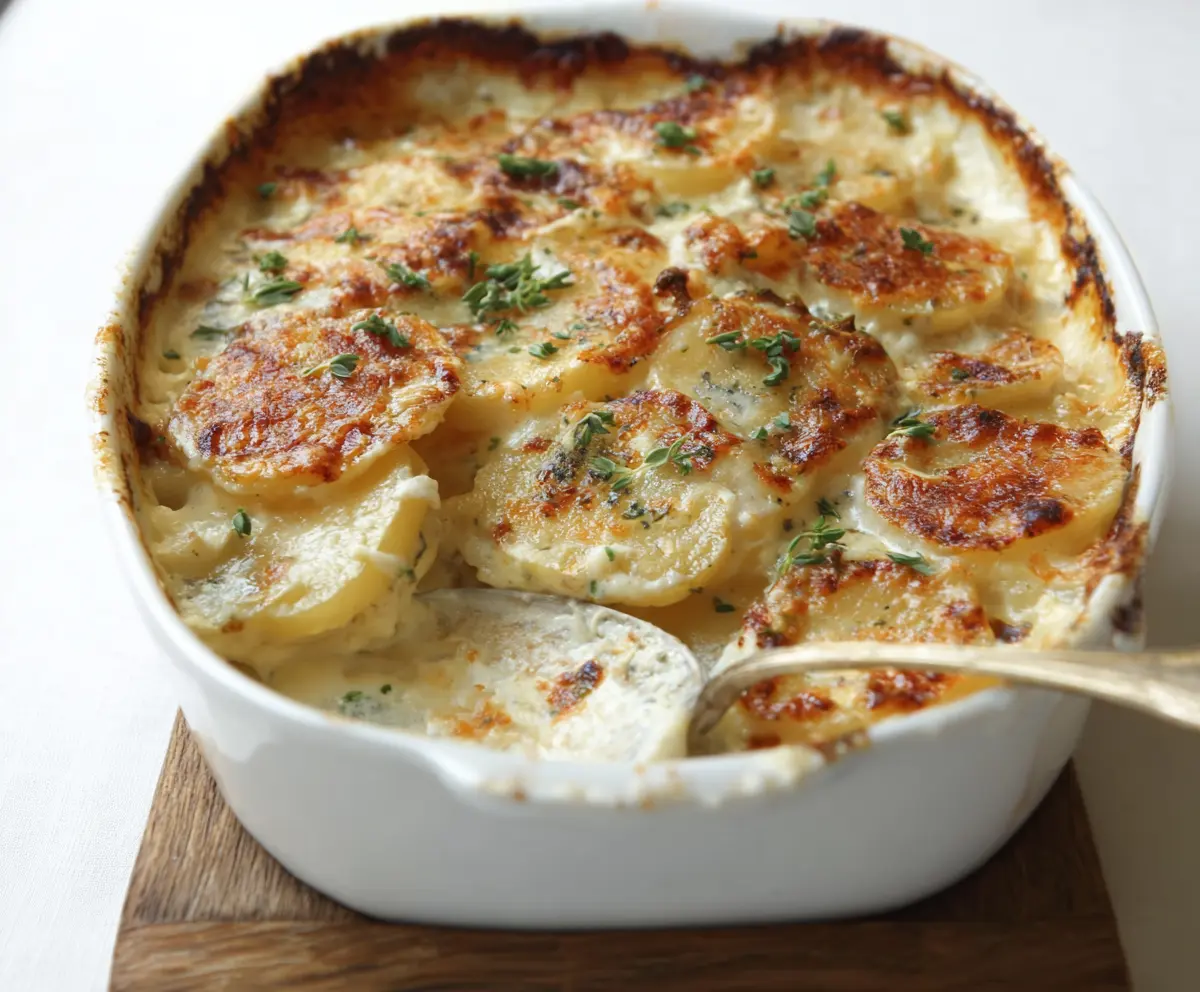 Creamy Boursin cheese scalloped potatoes baked to perfection, featuring golden cheese crust and tender sliced potatoes.