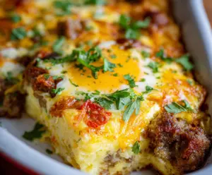 Delicious breakfast sausage casserole with eggs, cheese, and bread for a hearty morning meal.