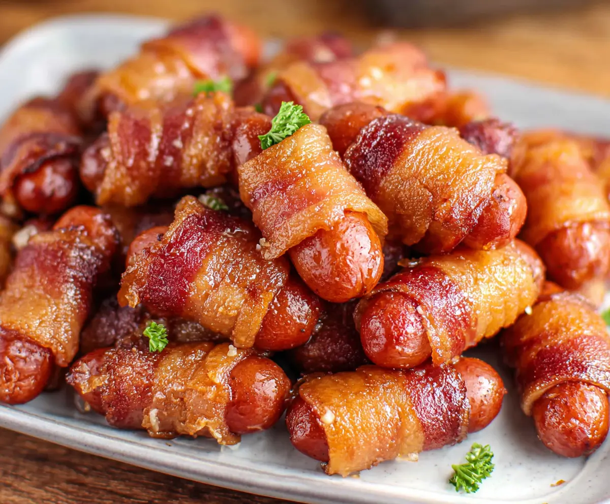 Delicious Brown Sugar Bacon Little Smokies appetizer with crispy bacon and sweet glaze
